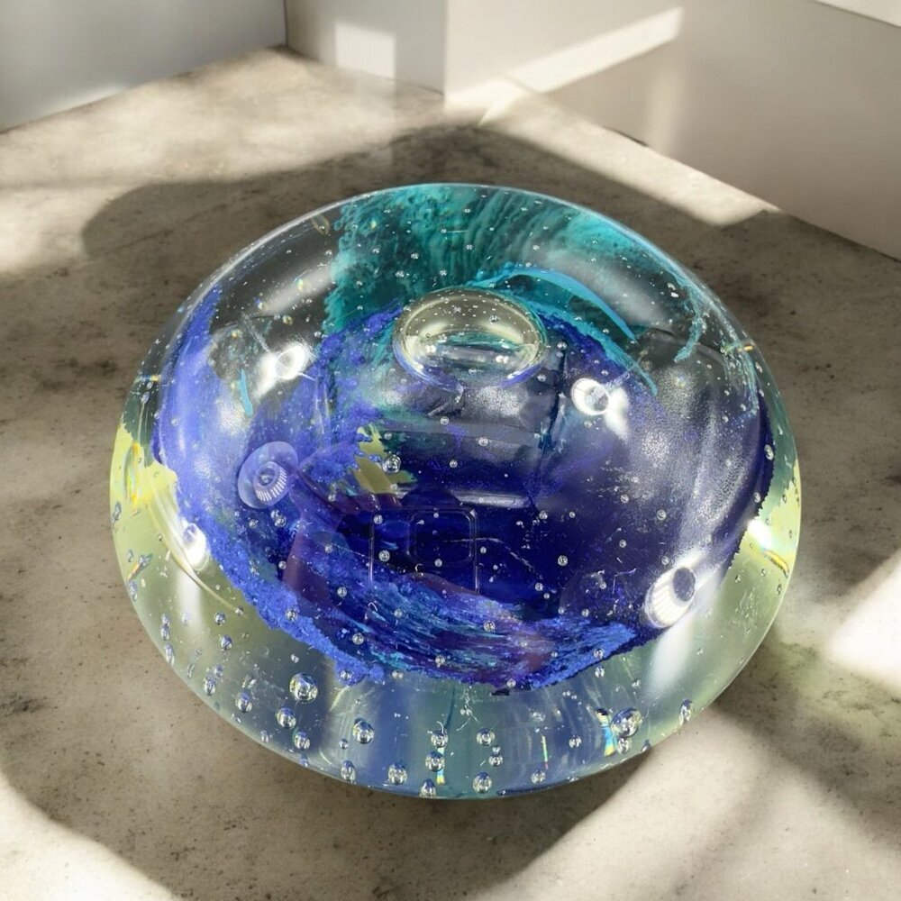 Venetian Large Heavy Glass Paperweight With Small Bubbles Hand Blown Made Italy